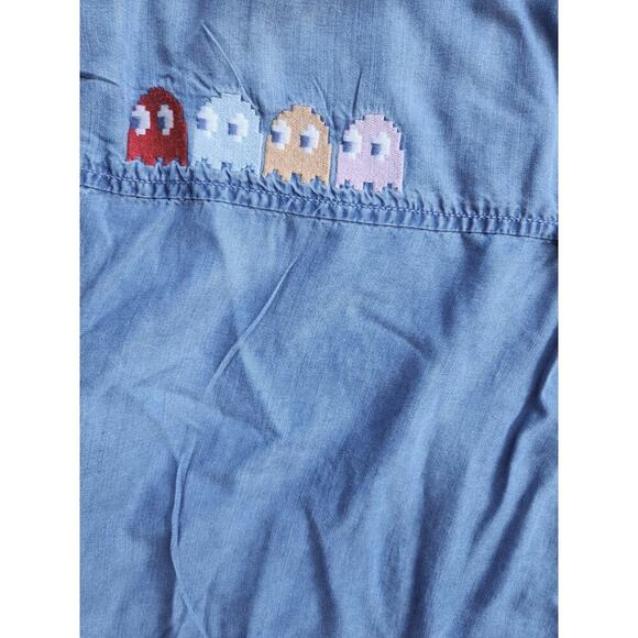 Justice Girls Pac Man Denim Top Juniors Sz M Blue Snap Short Sleeve Ghost Gang - Picture 7 of 8